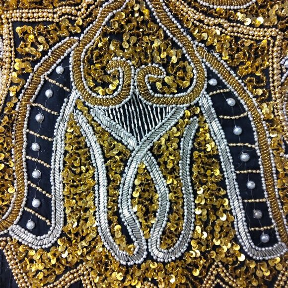 Vintage Ensemble SZ L Fully Beaded Sequin Black Gold Cocktail Formal Prom Dress - Picture 10 of 10